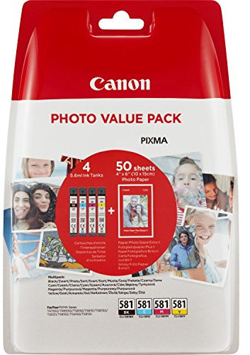 Canon CLI-581 BK/C/M/Y Tinte + Fotopapier - Value Pack jeweils 5,6 ml für PIXMA Tintenstrahldrucker ORGINAL