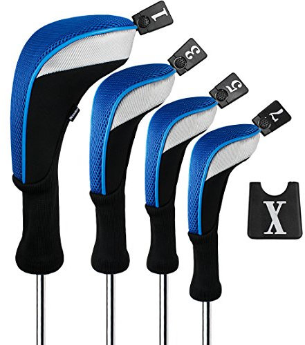 Andux Golf 460cc Driver Kopfhüllen Golfschläger mit langem Hals Holzkopfhüllen 4 Stück Blau