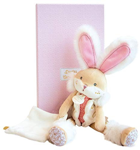Doudou et Compagnie - Peluche Lapin avec Doudou Mouchoir - 31 cm - Rose - Cadeau De Naissance Fille- Jolie Boîte Cadeau - Lapin De Sucre - Lavable en Machine 30°C - Doux pour Les Câlins - DC3486