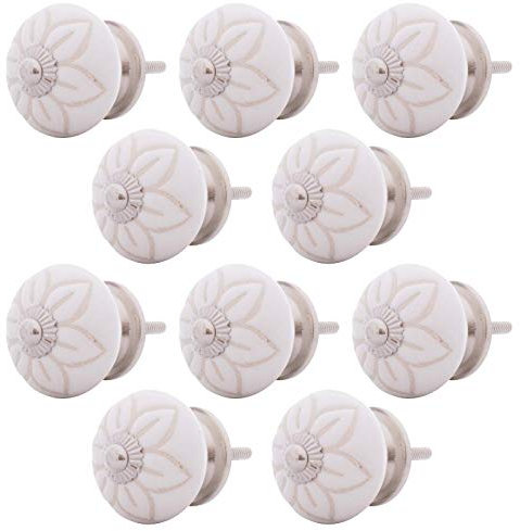 Knober 10 Stück in Weiß ALBA Weiß | verziert | Montur aus Edestahl | Möbelknöpfe 40mm Knauf | Gewinde metrisch M3 |