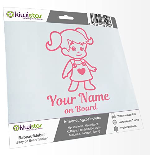 Kiwistar - Babyaufkleber - Hellrosa - Mädchen Zöpfe Herz Sticker - mit Wunschtext individuell personalisiert + Baby on Board 15cm - für Auto, Motorrad, Tuning - Aufkleber selbst gestalten