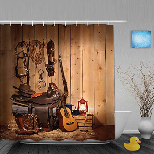 DAHALLAR Duschvorhang,Western Decor,American Texas Style Country Musik Gitarre Cowboystiefel USA Volkskultur,personalisierte Deko Badezimmer Vorhang,mit Haken,180 * 180