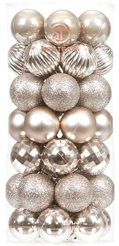 Sea Team 46-Pack Christmas Ball Ornaments with Strings, 30mm/1.18 Mini Size Baubles, Shatterproof Plastic Christmas Bulbs, Hanging Decorations for Xmas Tree, Holiday, Wedding, Party, Champagne