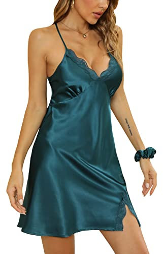 Alcea Rosea Nuisette Femme Chemise de Nuit Satin Dentelle Pyjama Sexy Robe de Chambre Satiné Négligé Soyeux Robe de Mariage (Vert Foncé, XL)
