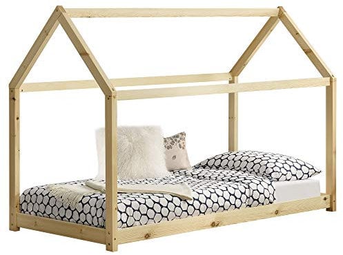 [en.casa] Kinderbett Netstal 80x160cm Haus aus Holz Natur Bettenhaus für Kinder Hausbett Kinderzimmer Bett Kiefernholz Holzfarben