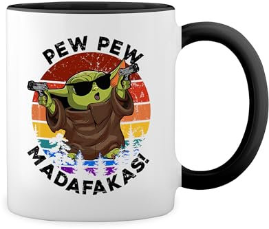 Pew Pew Madafakas Yoda With Gun Retro Weiße Tasse Mug mit schwarzen Felgen & Griff