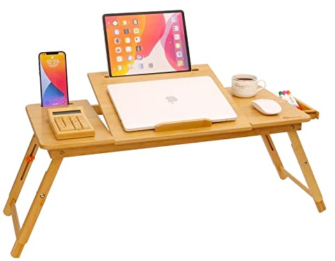 Großer Zeichentisch für Linkshänder, Laptop-Schreibtisch mit Tablet-Schlitz, Verstellbarer Zeichenschreibtisch, faltbar, Betttablett, COIWAI Bambus, Naturstil für Erwachsene und Kinder (73.2x34 cm)