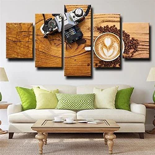 YUANJUN 5 Pieces Toile Tableau Tableaux Deco Murale Salon Moderne Imprimé Toile Intissee Decoration Photo Image Artistique Photographie Appareil Photo À Café Marron Vintage