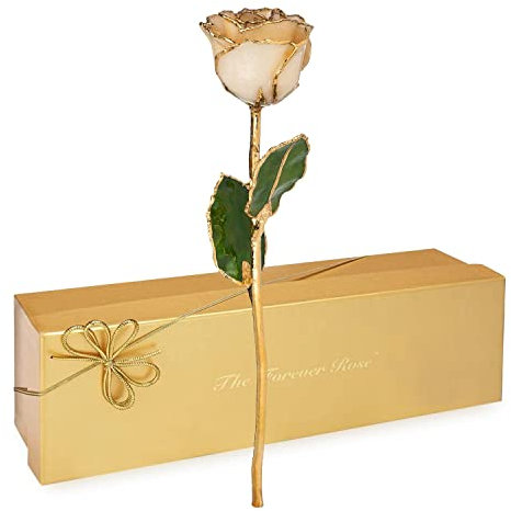 Forever Rose 24K Gold Dipped Diamond Rose, der April Birthstone, eine einzigartige und ewige echte weiße Rose Hand getaucht in 24K Gold, 11 bis 12