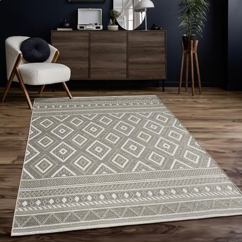 Paco Home Outdoor Teppich Flachgewebe Modern Boho-Style wetterfest & UV-beständig Ideal für Terrasse Balkon Wohnzimmer & Küche, Grösse:160 cm Rund, Farbe:Sand