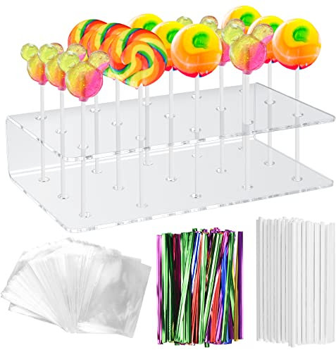 Soporte para Piruletas, Soporte Acrilico para Lollipop con 15 Agujeros, Soporte para Pop Cakes Transparente para Bodas, Cumpleaños, con 100 Bolsas de Golosinas, Palitos de Piruleta, Lazos Dorados