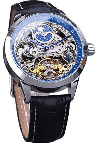 FORSINING Men's Skeleton Moon Phase Watch Mechanical Self-Wind Tourbillon Dual Time Zone Watches Automatic Luxury Leather Strap Large Dial Wristwatch