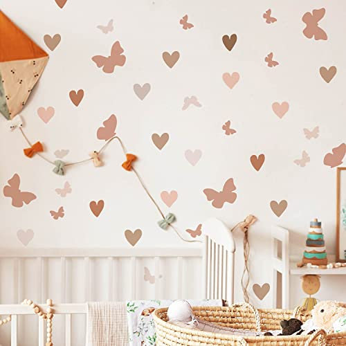 funlife 84 Stück Wandaufkleber selbstklebend, Boho Herzen, Boho Schmetterlinge Wandsticker für Kinder, Mädchen, transparent PVC-Wandtattoo Wandbild für Kinderzimmer, Babyzimmer, Spielzimmer, 14,8x21cm