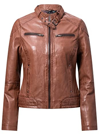 Blueorn Anneli Damen Lederjacke Bikerjacke – Moderner Echt Leder Jacke Übergangsjacke Stehkragen mit Druckknopf Schwarz-Cognac