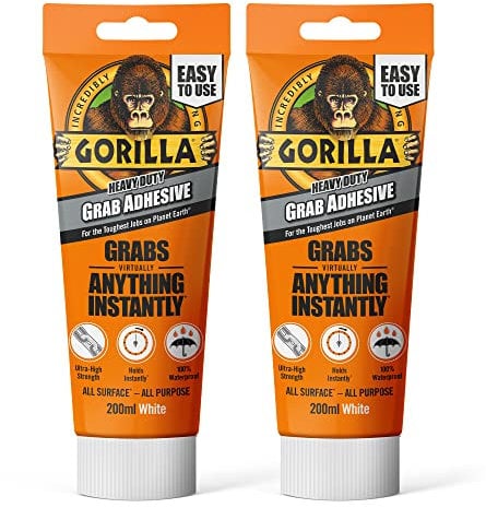 Gorilla Heavy Duty White Grab Adhesive, 200ml Tube (2 Pack) – All-Purpose, Ultra-High Strength & Holds Instantly | 100% Waterproof & Temperature Resistant