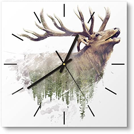DEQORI Glasuhr | 30x30 cm | Motiv Hirsch röhrt im Wald | ausgefallene leise Design Uhr aus Glas | Wanduhr für Wohnzimmer & Küche | Moderne Hingucker Uhr für die Wand