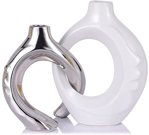 Weiße und Silberne Hohle keramische Vase 2 Stück Set Moderne dekorative Vase, weiße böhmische Donut-Vase, skandinavische minimalistische dekorative Vase für Tafelaufsätze, Hochzeit Restaurant