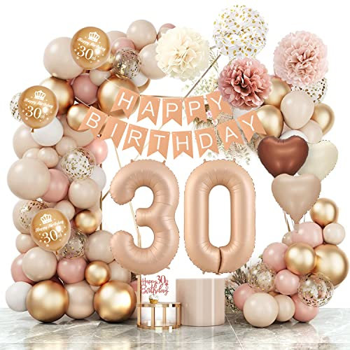 30 Jahre Geburtstagsdeko Ballon, Boho Luftballon Beige Happy Birthday Girlande Ballons Beige Vintage Rosa Weiß Konfetti Luftballons Pompon Geburtstag Dekoration für Boho Geburtstag Frauen Mädchen