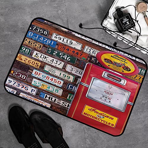 Microfiber Soft Bath Mat 40x60cm,Various Old American License Plates Behind Antique Gas Pump in Rural Utah,Non-slip Bathroom Mats Machine-washable, Shower Water Absorbent Bath Rug Durable Floor Mats