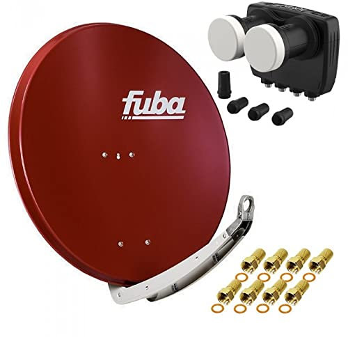 Digital Sat Anlage 2 Satelliten Astra/Hotbird - 4 Teilnehmer | Fuba DAA850R Sat Schüssel 85cm Ziegelrot + DUR-line MB6-QS Monoblock Quad LNB 6° (DVB-S2, HDTV, 4K/8K, 3D) + 8xF-Stecker vergoldet