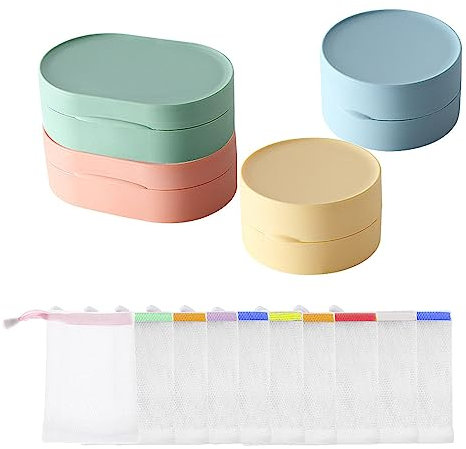 Tucireat Boîte à Savon Solide Étanche 4 Pièces Soap Box Boite Boîte Savon Ronde et Ovale Savon Voyage Plats de Savon avec Couvercle Porte Savon Étanche pour Voyage Boite a Savon avec 10 Pochette Soap