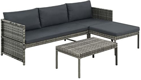 Homgoday Poly Rattan Lounge-Set Grau | 3-Sitzer-Sofa mit Hocker & Couchtisch | Gartenmöbel für Außenbereich | Wetterfest & Pflegeleicht Model44480