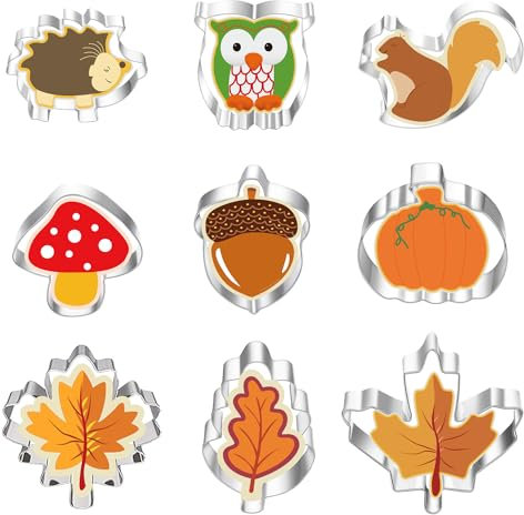 Norhogo 9 Stück Herbst Erntedankfest Ausstechformen Set, Plätzchen Ausstecher Edelstahl Keksausstecher, mit Ahornblatt Eichenblatt Eichhörnchen Igel Kürbis für Keks Fondant Backen