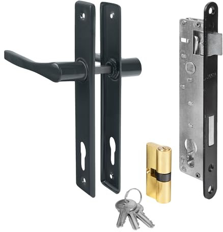 ADGO Poignée de porte + serrure de porte + serrure avec clé - Poignée de porte de garage 90 mm - Marron - Cylindre de serrure 30/30 mm - Kit prêt à monter (graphite)