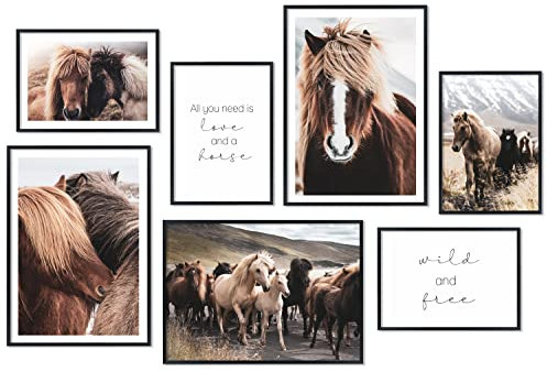 Hyggelig Home Premium Poster Set - 7 passende Bilder im stilvollen Set - Collage Deko - Set Horses - mit Rahmen schwarz