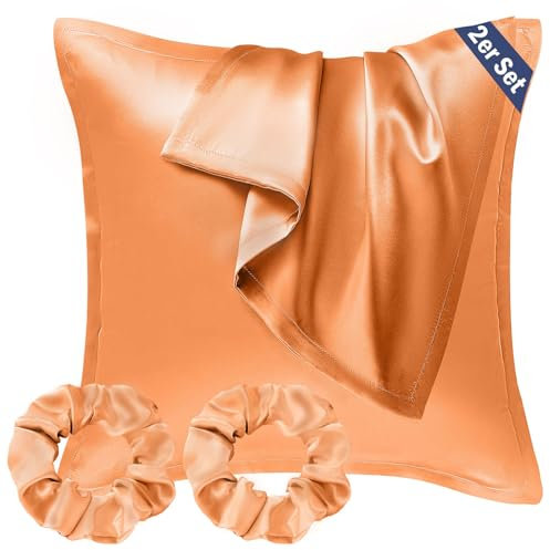 Seiwohl Satin Kissenbezug 80x80 2er Set, Weich wie Seidenkissenbezug Silk Pillowcase, Vegane Seide Kopfkissenbezug Kissenhülle Seidenkopfkissen für Haar und Haut mit Haargummis, Orange