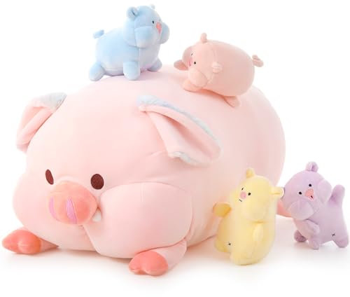 MorisMos 50cm lang Rosa Schwein Kuscheltier mit 4 Baby im Bauch, Süße Riesen Schwein Plüschtier Stofftier, weich pigteddy Kissen wurfkissen Kinder Baby