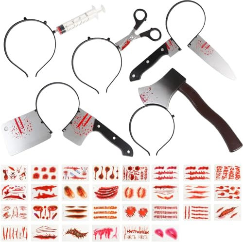 DERAYEE Serre Têtes Halloween,Cosplay,Cinq Bandeaux Terrifiants,Couteau de Cuisine,Baïonnette,Hache,Ciseaux et Seringue,Un Sticker de Tatouage