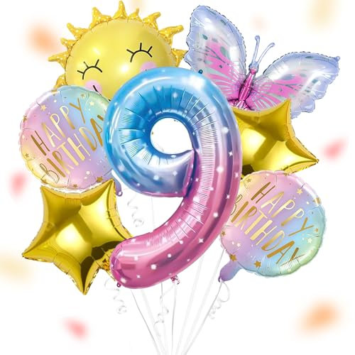 ALEGRE Sonne Schmetterlinge Luftballon 9 Jahre Mädchen,Schmetterling Geburtstagsdeko Mädchen 9 Jahre,Schmetterling Deko 9. Geburtstag Folienballon,Kindergeburtstag Deko für Schmetterling Themen Party