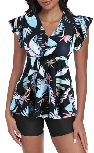ECUPPER Womens Tankini Swim Dress with Sleeves Modest Two Piece Swimsuits Tummy Control Bathing Suit Floral Printed Swim Tops and Shorts