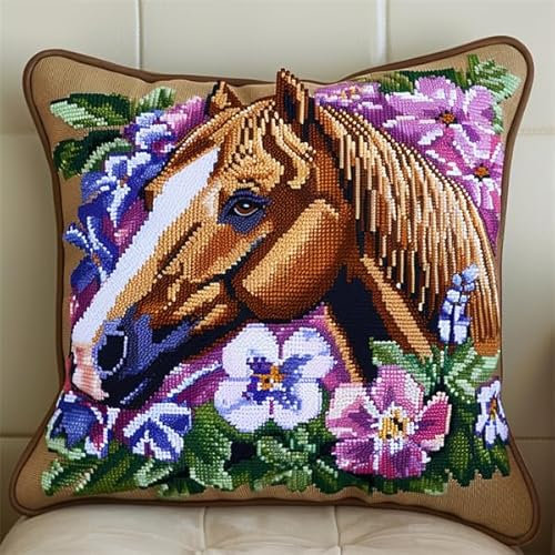 kitphoenix Knüpfkissen Set Pferd Latch Hook Kissen Kit für Kinder oder Anfänger Erwachsene zum Selber Knüpfen, DIY Knüpfteppich Knüpfpackung, Knüpfhaken Set 43 x 43 cm