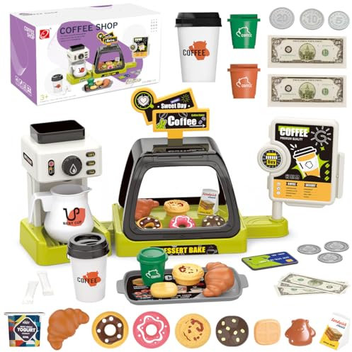 GAGAKU Kids Coffee Machine Toy and Cash Register Kit with Sound Light, Kitchen Accessories Pretend Play Sets Role Play Toys Shops for Kids 3+ - Green