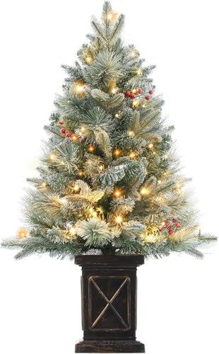 Weihnachtsbaum Künstlich mit Beleuchtung, 90 cm Künstlicher Weihnachten Baum Schneebeflockte mit 78 LED Retro Topfbasis Weihnachten Deko für Eingang Haus Büro