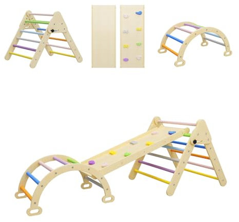 BenaRita 3-in-1 Montessori Klettergerüst Set, Kleinkind-Klettergerüst für den Innenbereich, Regenbogen-Klettergerüst aus Holz, Faltbare dreieckige Kletterleiter mit Schieberampe und Bogen