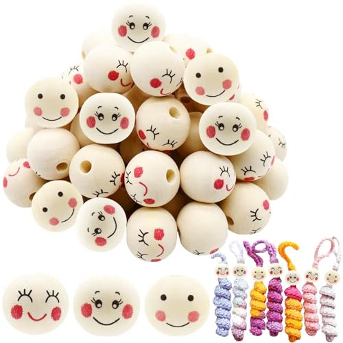 Holzperlen mit Gesicht 120 Stk, Holzköpfe mit Gesicht 20mm, Holzperlen Natur Holz Bastel-Perlen für Sorgenwürmchen Glückswürmchen, Rund Holzkugeln mit Loch für Makramee, 3-Stile