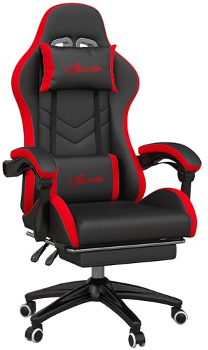 Vinsetto Silla Gaming de Cuero PU y Acero con Altura Ajustable, Silla Gaming Ergonómica con Respaldo Reclinable, 65x65x121-129 cm, Negro y Rojo