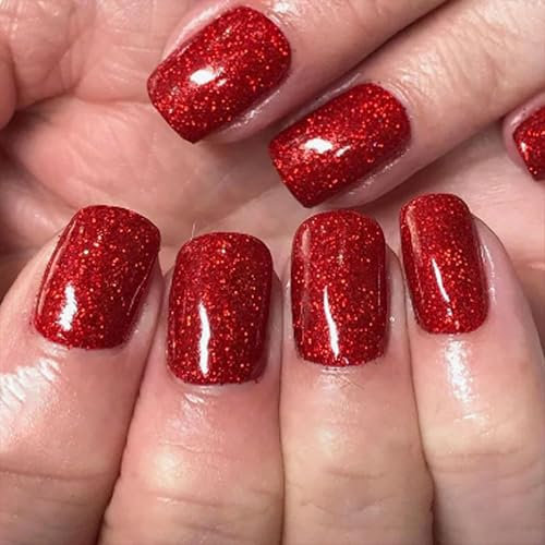 Press on Nails kurz - 24 Stück Rote Glitzer Fake Nails Full Cover mit Nagelkleber, Quadratische Nägel zum Aufkleben Acryl Künstliche Fingernägel für Frauen & Mädchen Weihnachtsdesign (Rot Herz, 24x)