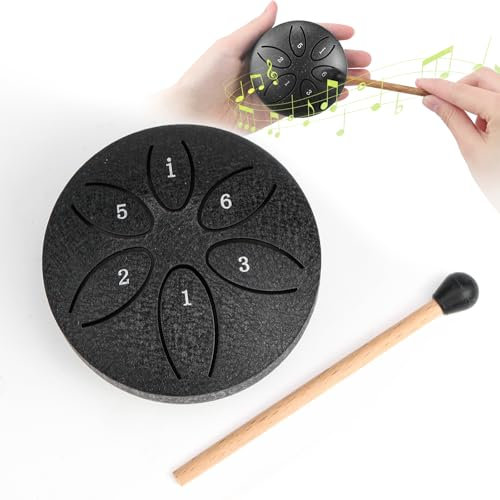 Zungentrommel Steel Tongue Drum 6 Töne Handpan Instrument Stahlzungentrommel Mini Pan Drum Percussion 3 Zoll Stahlzungen mit Schlägeln für Meditation Yoga (Schwarz)