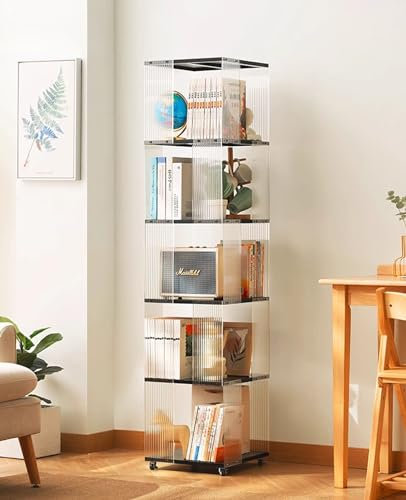 MBBTAG Drehbares Bücherregal mit Rollen, rotating bookshelf, Bambus + transparentes Acrylmaterial, drehbares regal, Ständer für DVD-CD-ständer, drehregal bücher, Aufbewahrungsregal(Schwarz,35x35x157cm
