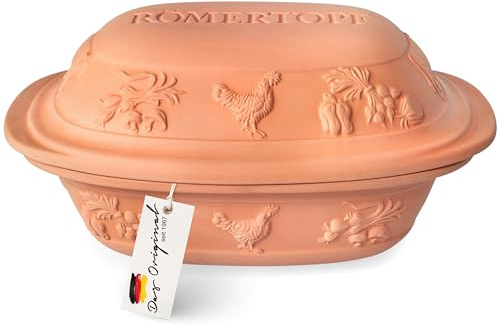 Römertopf Bräter Rustico 3 L Schmortopf Keramik mit Deckel | Für 4 Personen, oval, zum Schmoren, Braten und Dampfgaren im Backofen, glasierte Keramik, spülmaschinengeeignet