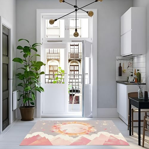 GDJSMIN 90 x 150cm Tapis Poils Ras, Antidérapant Lavable Moderne Lune de Dessin animé Rose Nuages Tapis, Salon Chambre Salle à Manger Entrée Tapis