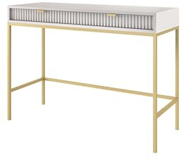 DomiMeble DomoHome Geriffelt Schminktisch Konsolentisch Mit Goldgriffen Und Stahlrahmen Schreibtisch Aus MDF Mit ABS-Kanten 2 Schubladen Mit Gefräster Front 104x78x50cm Matt-Grau Metallbeine-Gold