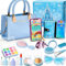 vamei Sac à Main Jouet pour Filles Frozen Cadeaux Elsa Sac Bleu avec Set de Maquillage pour Enfants, Faux Téléphone, Porte-Monnaie, Cadeaux pour Filles à partir de 3 4 5 6 Ans