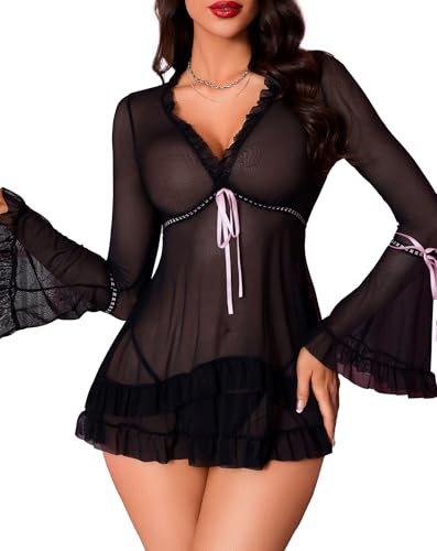 Aranmei Sexy Lingerie for Women Vintage Ruffle Trim Mesh Bell- Sleeve Nightwear Sexy Nightdress Lingerie Set Black L