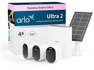 Arlo Ultra 2 4K avec SmartHub plus Panneau Solaire Offert, Camera Video Surveillance WiFi Exterieures Sans Fil, Vision Nocturne Couleur, Compatible Alexa, Essai Arlo Secure Inclus, Pack de 3 Cameras