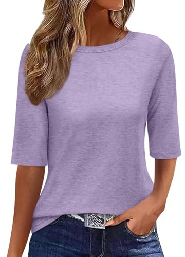 Minetom T-Shirt Damen Halbarm Rundhals Tshirt Sommer Einfarbig Oberteil Basic Shirts A Violett M